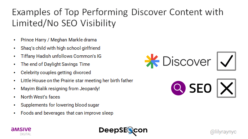 Examples of top performing Discover Content with limited or no SEO visibility. 