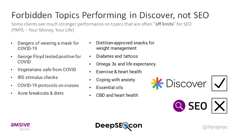 Forbidden topics performing in Discover, not in SEO. 