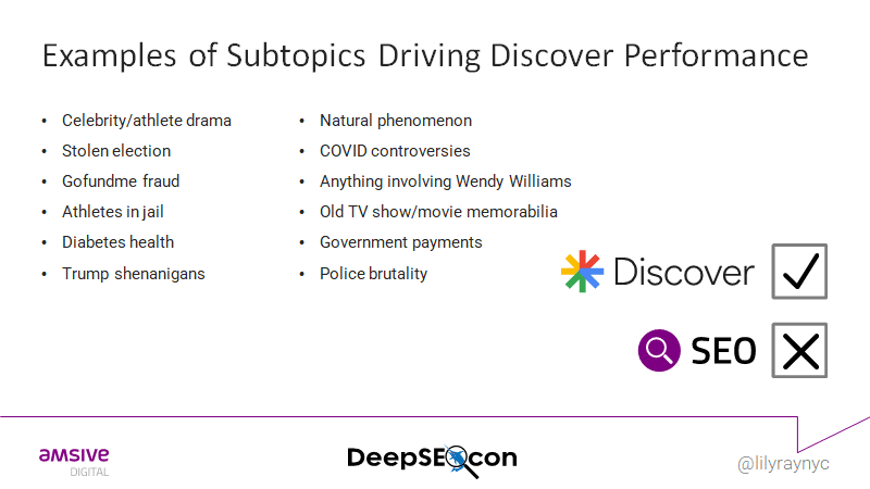 Examples of subtopics that drive Discover performance.