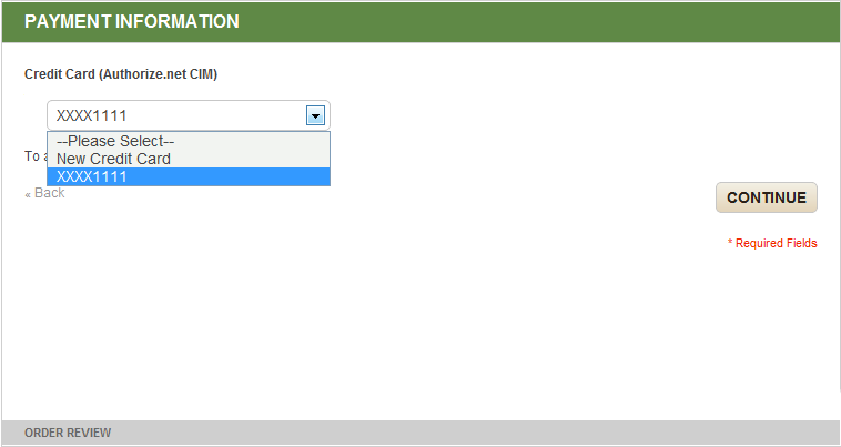 Selecting a saved credid card at check out