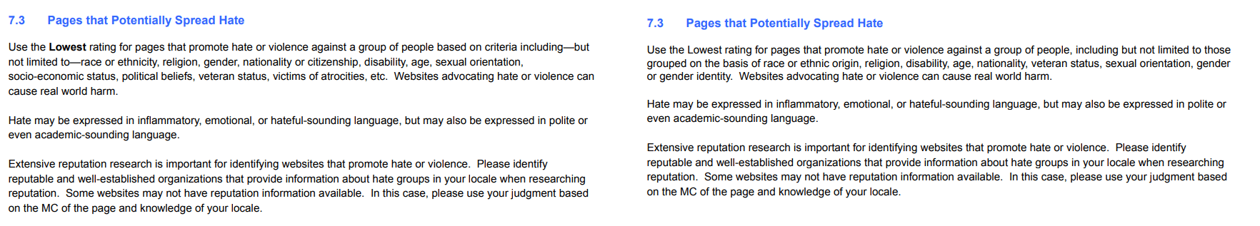 google search quality guidelines pages that promote hate