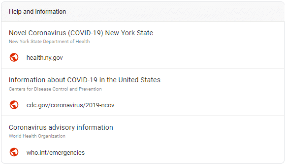 Google's "Help and information" panel for coronavirus resources.