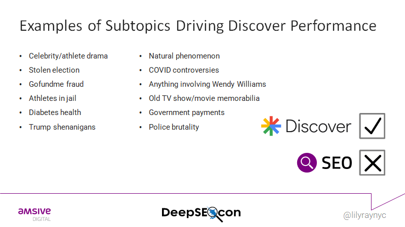Examples of subtopics that drive Discover performance. 
