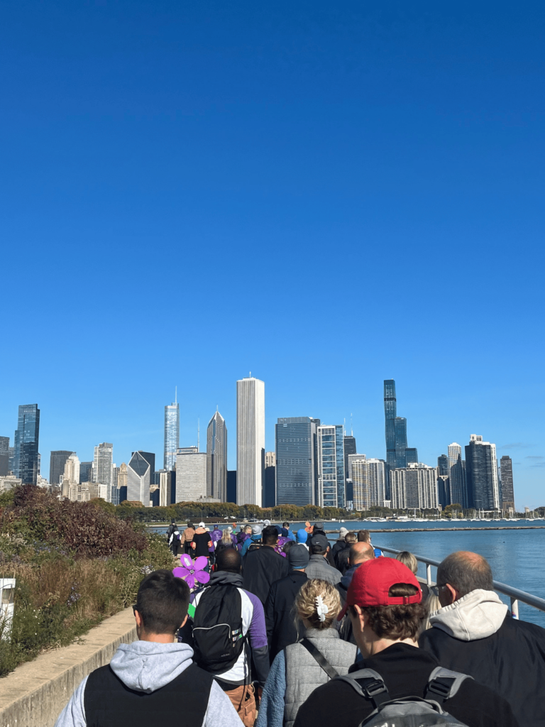 Just a fraction of the attendees as they made their way along the walking path with a beautiful view of Chicago in the background.