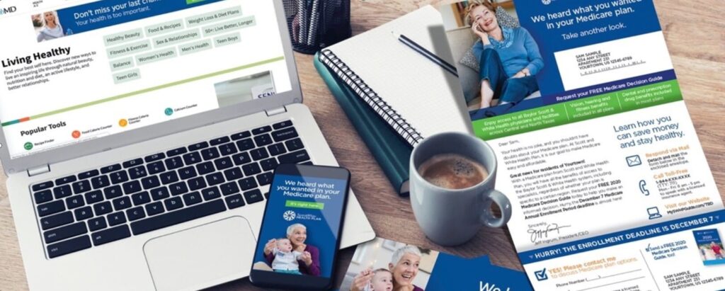 A variety of advertisements for a Medicare marketing campaign, including a laptop display, phone, and physical mailer on a semi-cluttered work table.