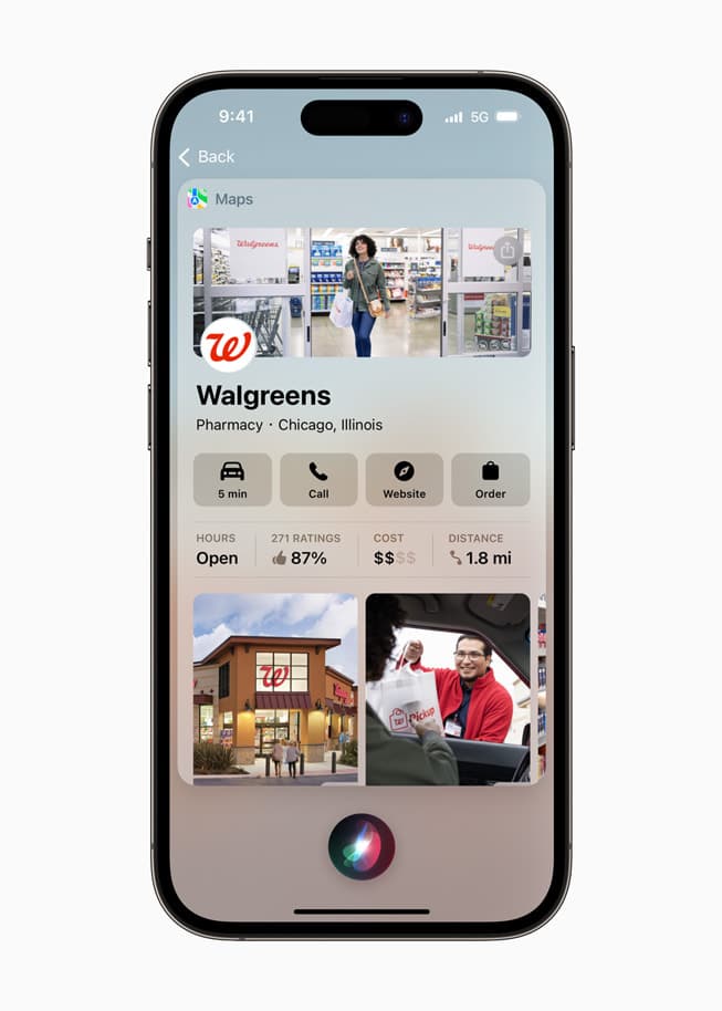 A phone showing a Walgreens profile in Apple Maps. 