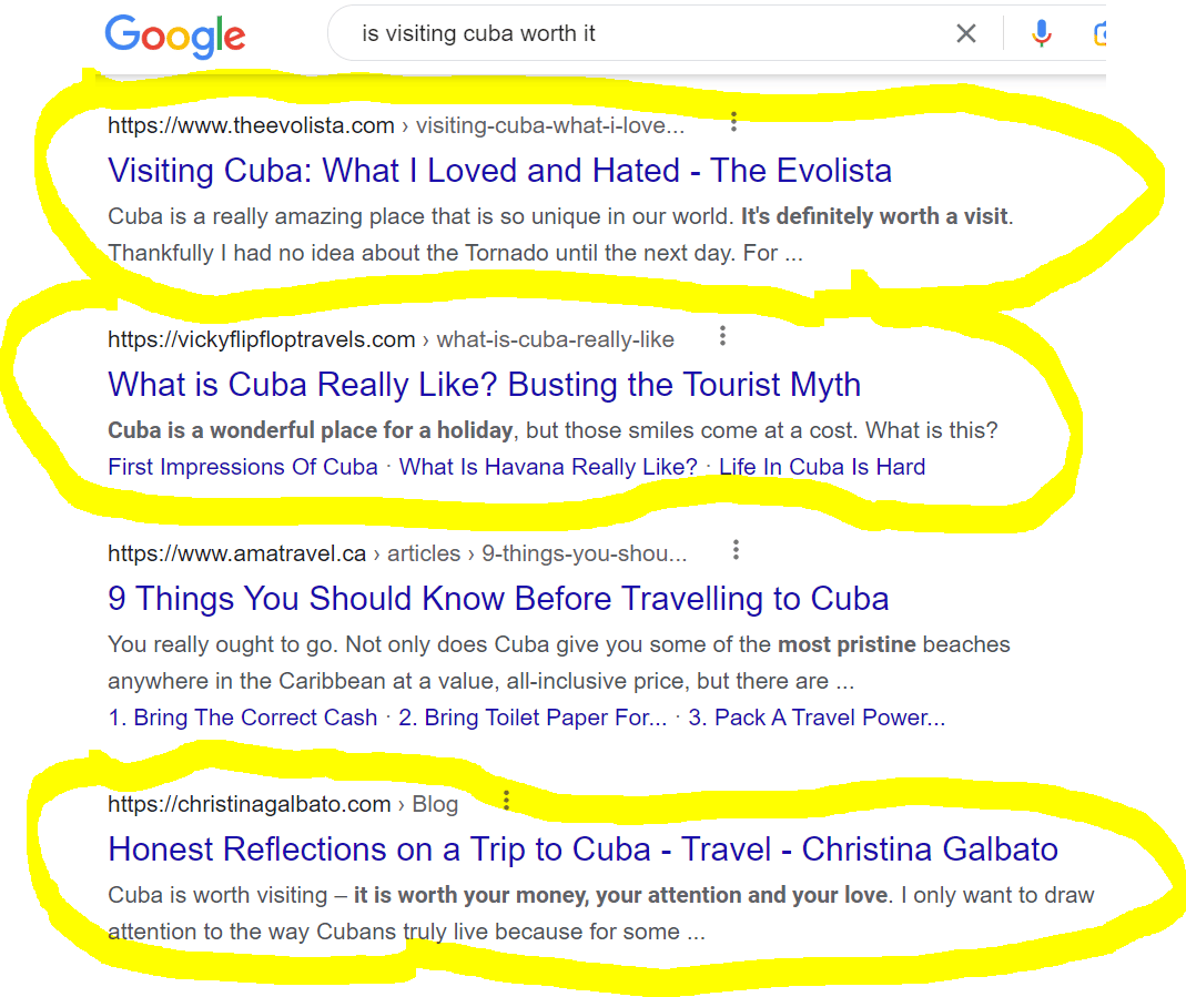 Google search results for the query “is visiting Cuba worth it”.