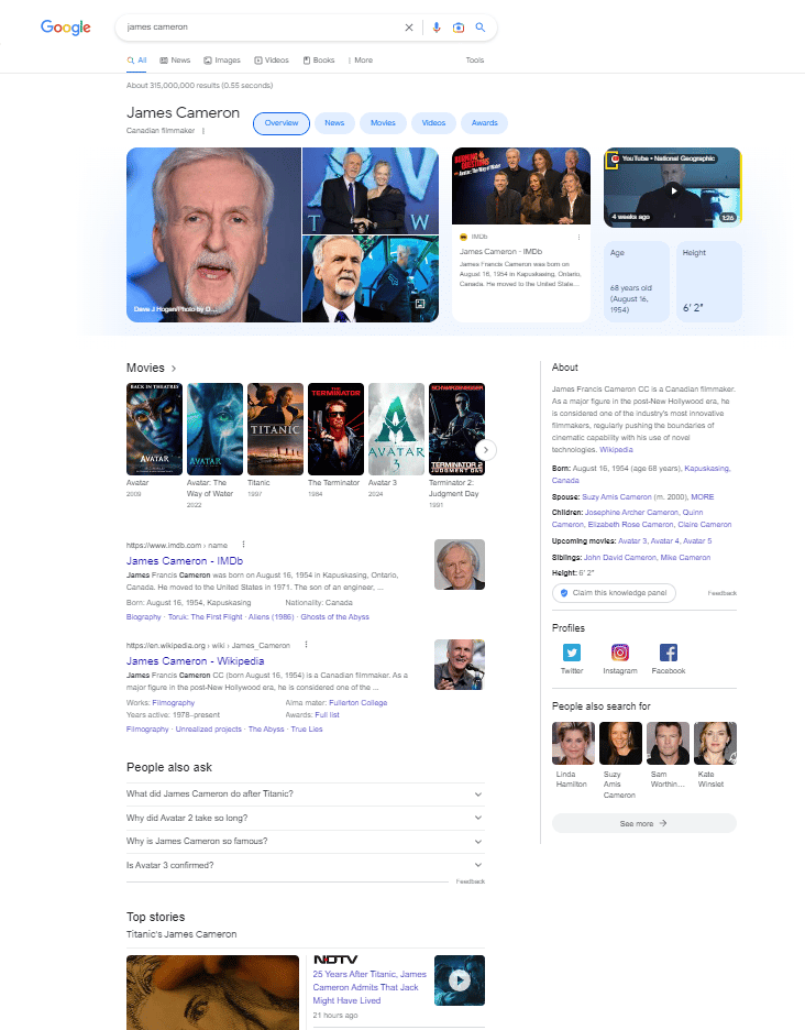 Google search results page for 'James Cameron' showing the additional features Google implemented over the years that take priority over most search results.