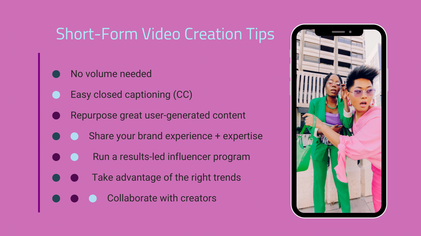 Short-Form Video Creation Tips:
No volume needed
Easy closed captioning (CC)
Repurpose user-generated content
Share your brand experience + expertise
Run a results-led influencer program
Take advantage of the right trends
Collaborate with creators