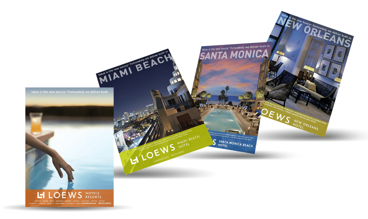 Examples of hotel ads targeting different cities.