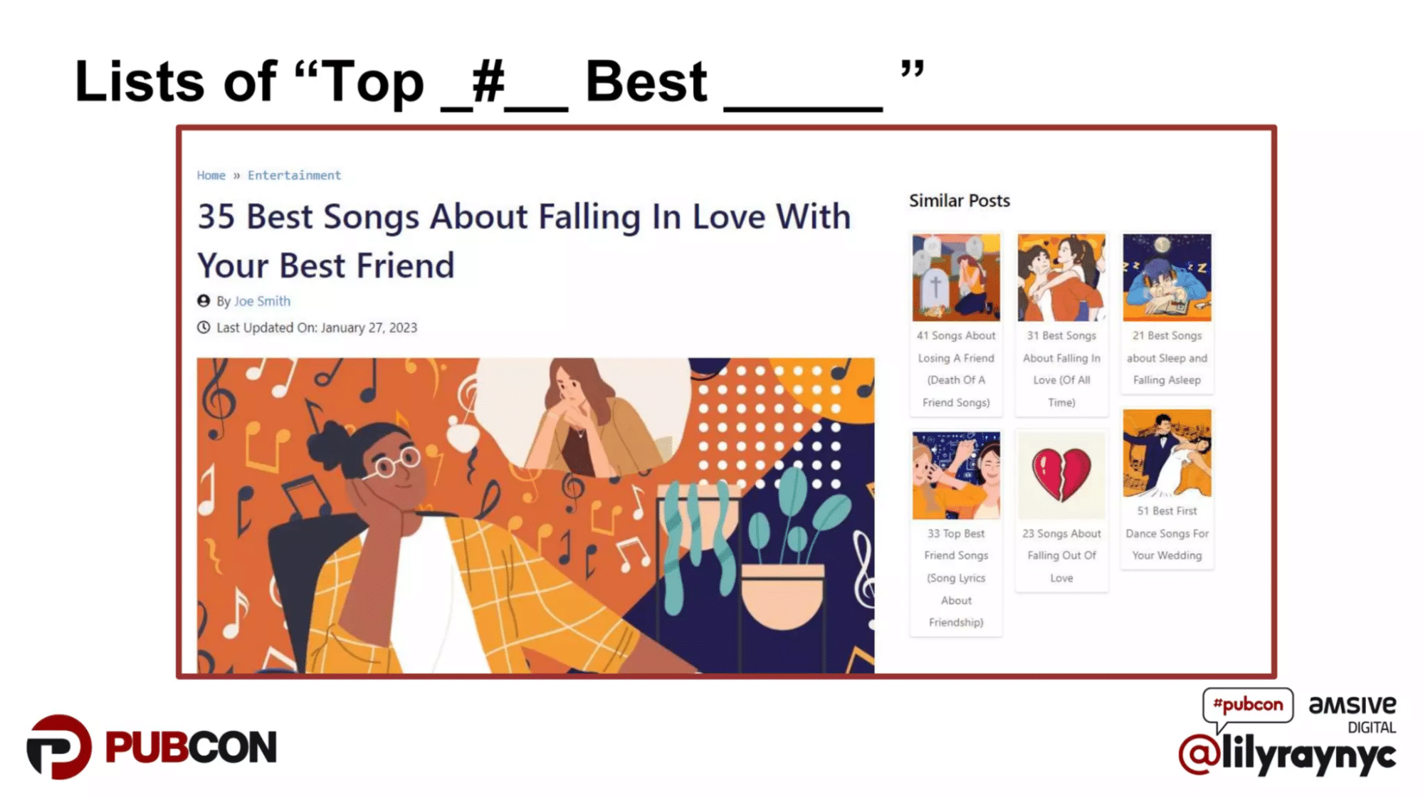 Screenshot of an article titled ‘35 Best Songs About Falling in Love With Your Best Friend’.