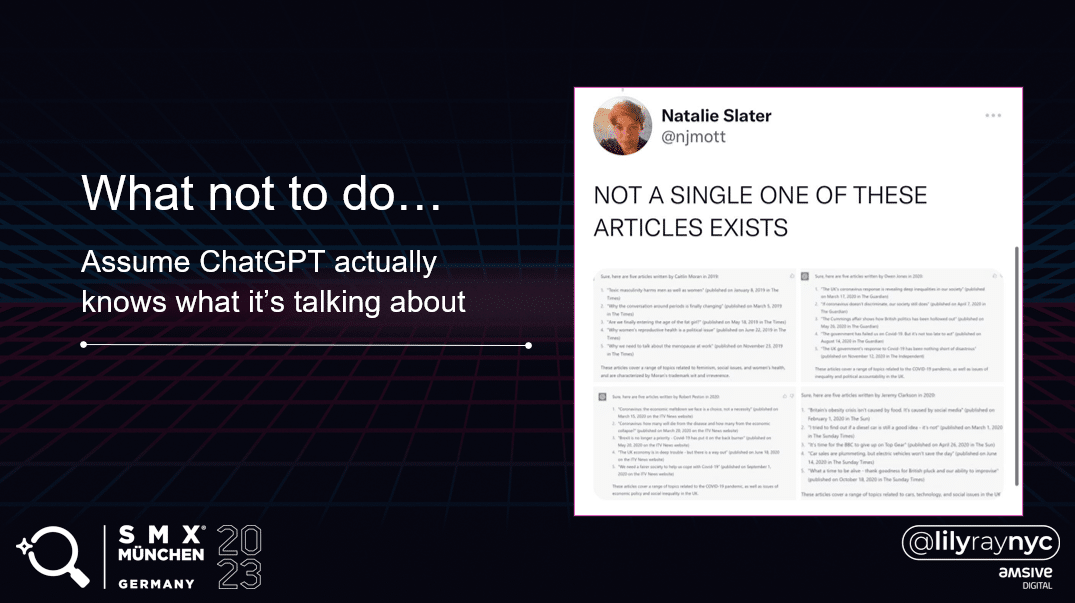 A slide showing a screenshot of a ChatGPT-generated list of articles that don't actually exist.