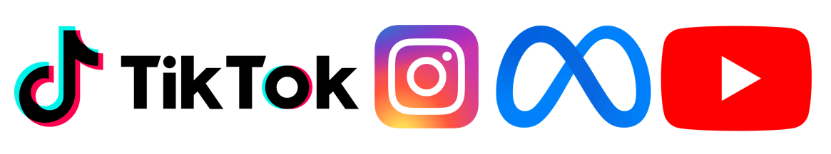 TikTok, Instagram, Meta, and YouTube logos.