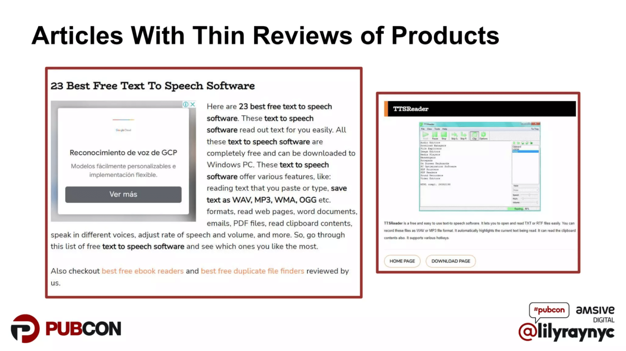 A screenshot of an article called ‘23 Best Free Test to Speech Software’ with things like SEO bolding, ads on the page, and affiliate links accompanying the product reviews.