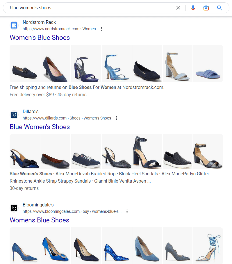 Screen capture showing Nordstrom Rack ranking at the top of a search for blue women's shoes