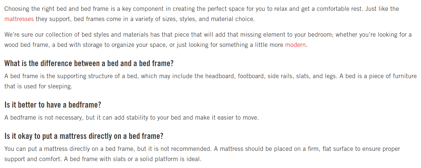 Example of a site using on-page copy to target specific customer questions