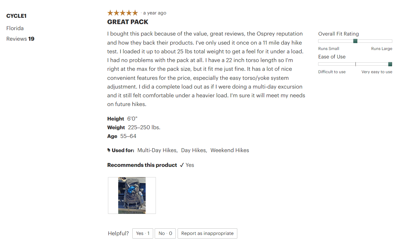 Example of a review from the REI website