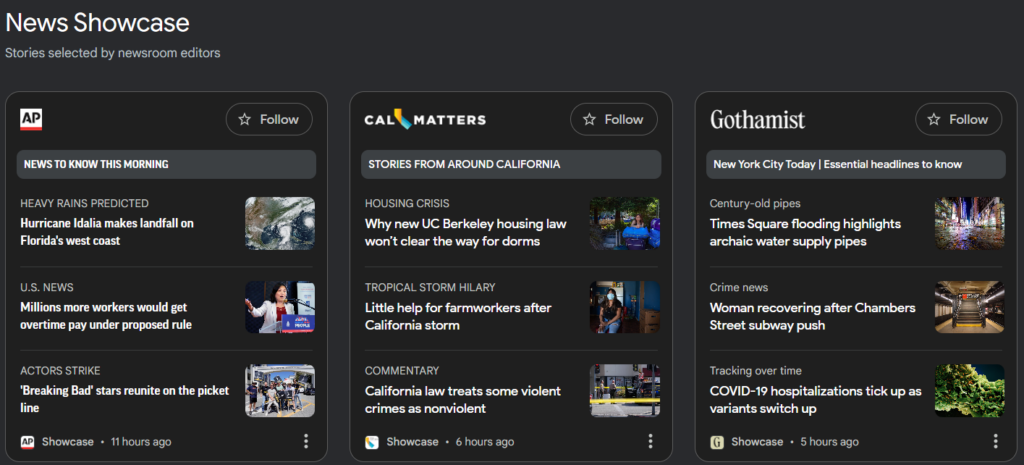 Example of Google News Showcase 