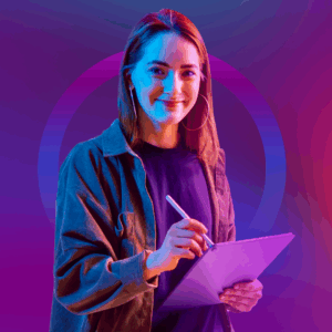 A woman in front of a glowing purple background with an iPad and stylus in her hand.