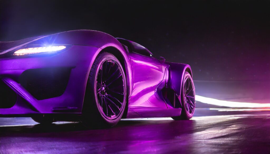 A close-up of a sleek purple sports car at night, showcasing its modern design and LED headlights with a glow. The car's glossy finish reflects the vibrant purple lighting, creating a dynamic and luxurious atmosphere. Streaks of light in the background suggest motion and speed, against a dark, starry sky, emphasizing the car's high-performance nature.