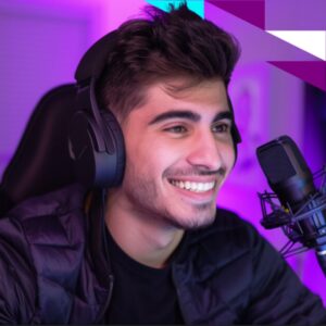 A man with a podcast mic in front of him. The background is purple.