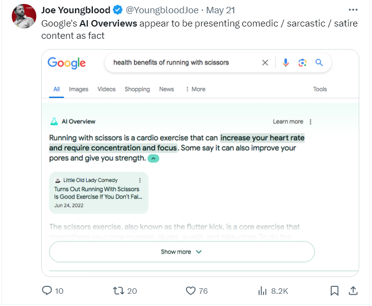 Screenshot showing false and helpful content generated by AI overviews