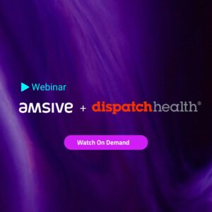 A dark swirling purple background with the the Amsive and Dispatch Health logos, as well as a watch now button.