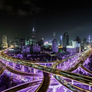 A highway at night with purple lowlights