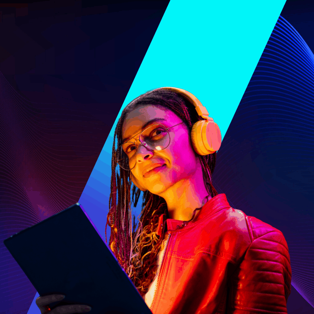 A young woman in orange lighting in front of a bright blue slash and swirling background