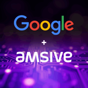 Google and Amsive partnership visual with tech-themed background, symbolizing collaboration in digital marketing, data, and AI innovation.