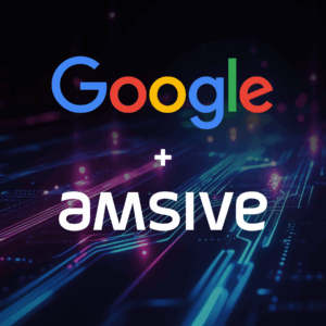 Google & Amsive logos on a futuristic purple, blue background.