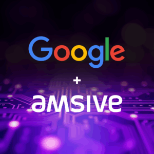 Google and Amsive partnership visual with tech-themed background, symbolizing collaboration in digital marketing, data, and AI innovation.