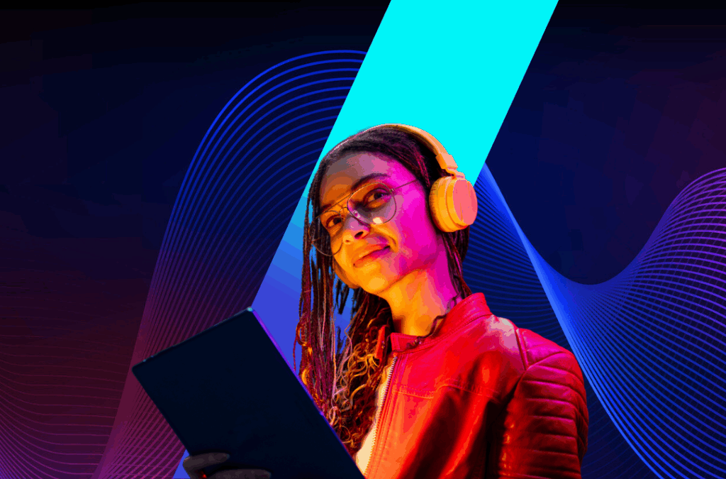 A young woman in orange lighting in front of a bright blue slash and swirling background