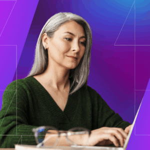 A woman sitting in front of a laptop with a purple background and a geometric overlay