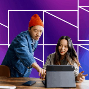 Two people looking at a tablet in front of a geographic purple and blue background