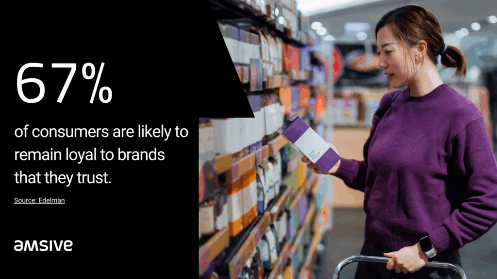 A woman standing in a grocery store aisle looking at a box