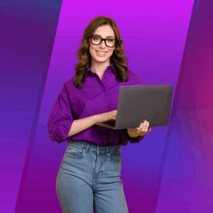 A woman in a purple shirt holding a laptop in front of a purple background