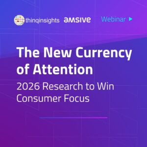 Amsive webinar promotion titled 'The New Currency of Attention: 2026 Research to Win Consumer Focus' on a purple and blue gradient background.