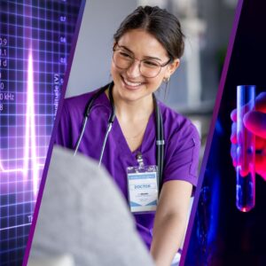 There are three diagonal panels. One has a purple digital read-out; the middle panel has a doctor smiling at a patient; the third is a hand holding a test-tube.