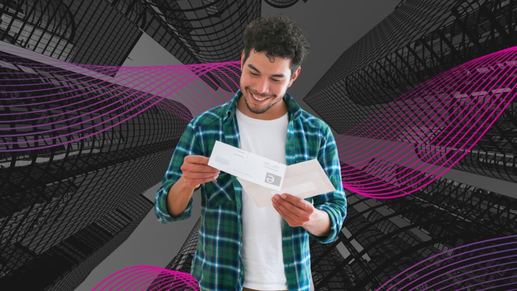 A man reading a piece of mail. He's standing in front of a grey scale background of buildings with purple and pink swirls overlaid