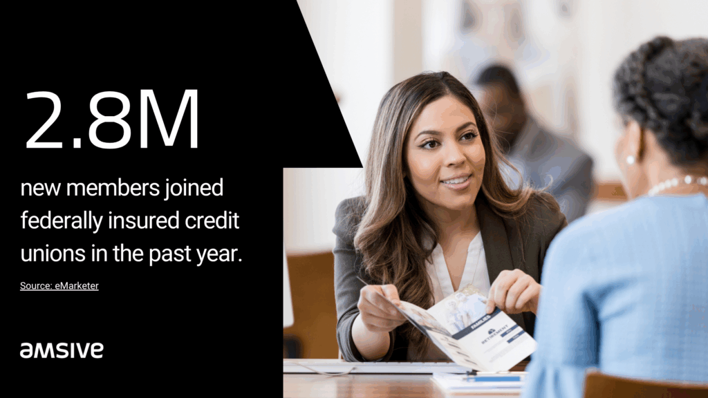 A data graphic about the number of members that joined a credit union in 2024. The image includes a woman showing a brochure to a prospective customer.