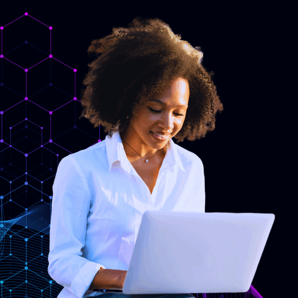 Smiling professional woman in a white shirt working on a laptop with a modern digital hexagon and wave background.