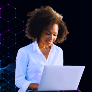 Smiling professional woman in a white shirt working on a laptop with a modern digital hexagon and wave background.
