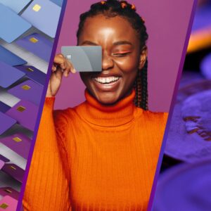 There are three diagonal panels. One has a wave of bank cards in shades of pink, purple, and blue; the middle panel has a smiling young woman holding a bank card in front of her eye; the third is a blue-hued close-up of quarters