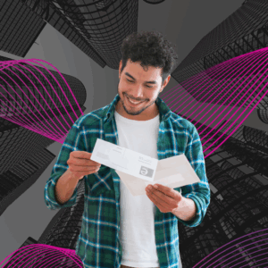 A man reading a piece of mail. He's standing in front of a grey scale background of buildings with purple and pink swirls overlaid