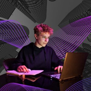 A young person sitting in front of a laptop with their hand on a notebook. The background has purple swirls and a gray city scape.