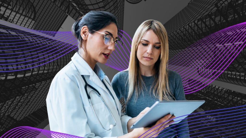 A medical professional wearing a lab coat and stethoscope reviews information on a tablet with a woman standing beside her, set against a dark abstract background with flowing purple line graphics, suggesting data-driven healthcare guidance and collaboration.