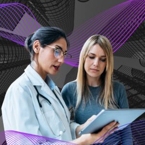 A medical professional wearing a lab coat and stethoscope reviews information on a tablet with a woman standing beside her, set against a dark abstract background with flowing purple line graphics, suggesting data-driven healthcare guidance and collaboration.