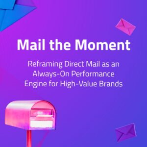 Amsive white paper cover featuring a pink mailbox on a purple gradient background with envelope graphics and the title Mail the Moment about modern direct mail