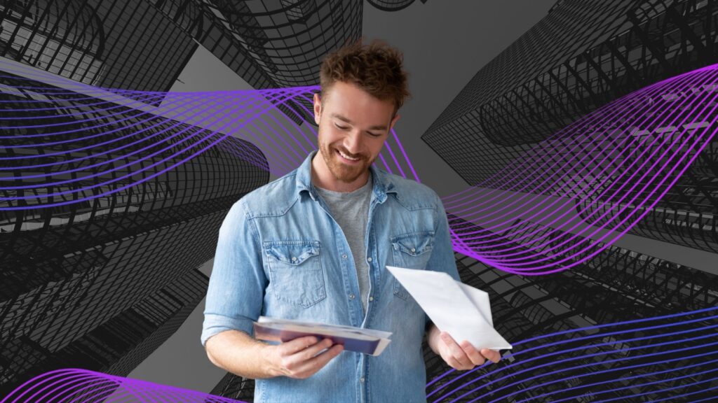 Man smiling while looking at mail in his hands, standing in front of an abstract black wireframe background with flowing purple lines